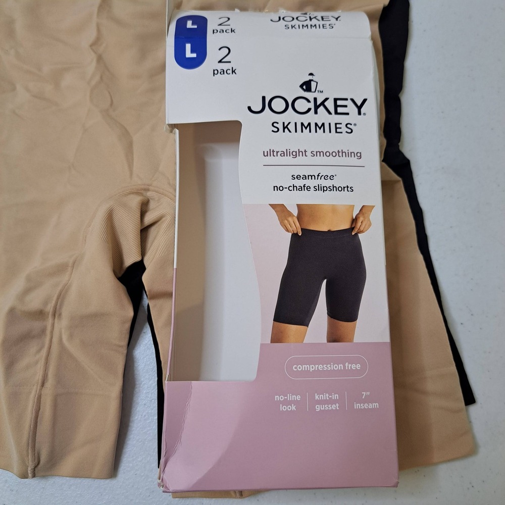 Jockey Slipshorts Womens Large Black Tan Seamfree No-Chafe Skimmies 2pk 1480-182